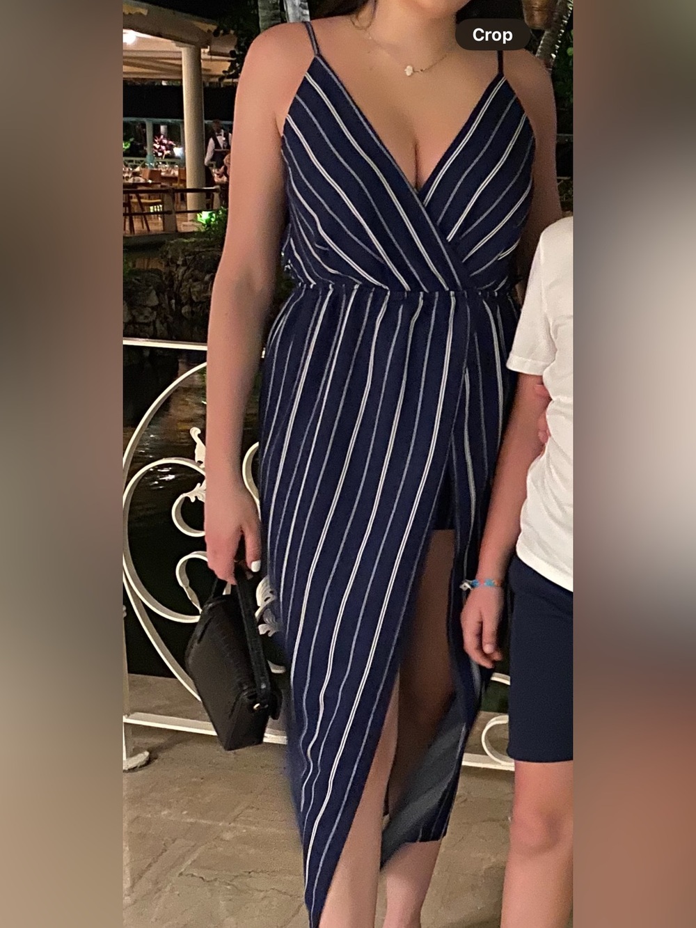 essue Navy & White Striped Wrap-Front Midi Dress